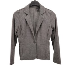 Tahari Blazer Women Medium Pre-Owned Grey Herringbone Knit Single Button Stretch