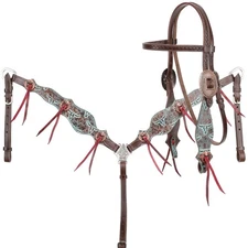 Weathered Leather TEAL STEER Browband Headstall Breast Collar Split Reins Set