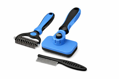3PCS Pet Grooming Tool Kit Dog Cat Deshedding Slicker Rake Flea Comb Blue