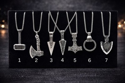 Wikinger Halskette Anhänger   Thorshammer, Axt, Speerspitze, Schild, Ouroboros