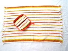 Vintage Kitchen Towel & Pot Holder Retro 1970's  Orange Brown striped Terry