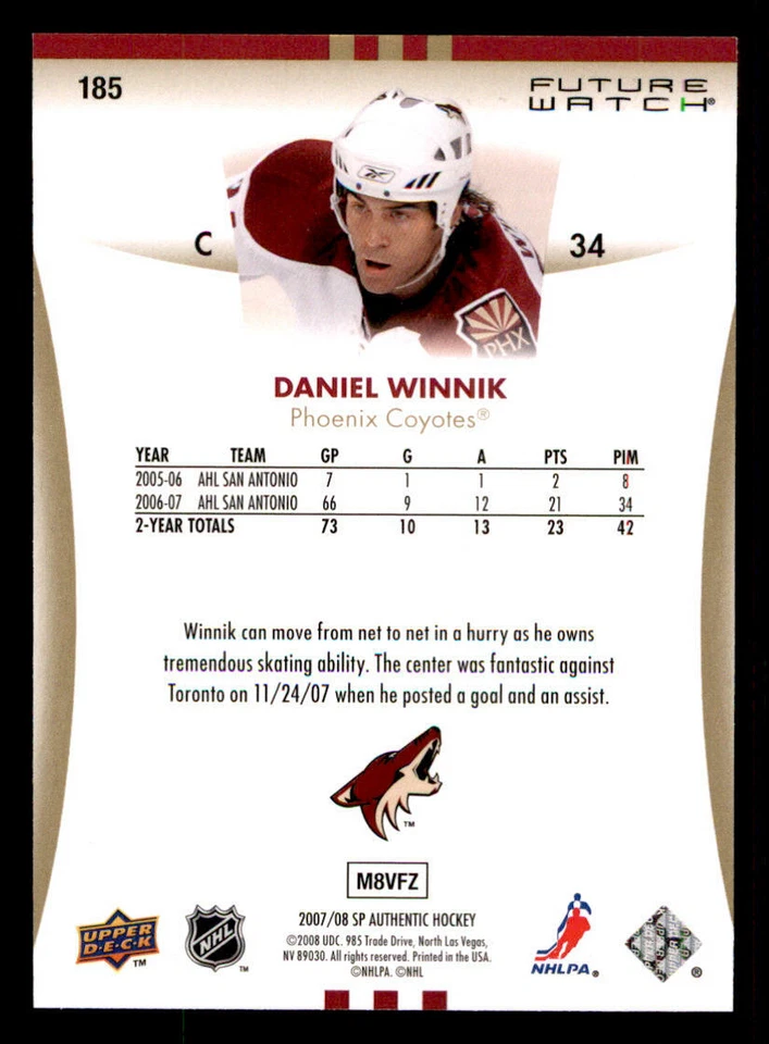 2007-08 SP Authentic #185 Daniel Winnik RC /999 (ref 239937) - Image 2 of 2