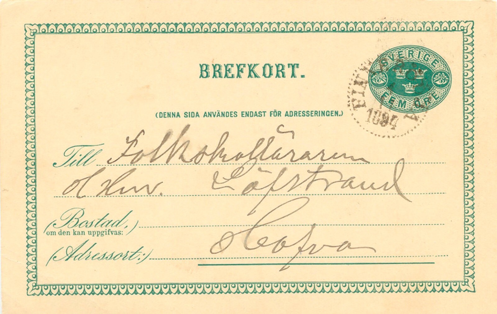 SWEDEN 4.11.1894, "FINNERÖDJA" K1 a. 5 (FEM) Ore Green GA Postcard, Cab.