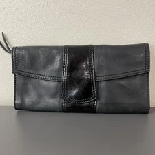FOSSIL Large Envelope Flap Snap Wallet Clutch Black Leather 3 Compartment 9.5x5