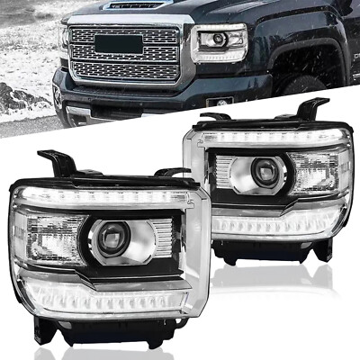 Left +Right LED DRL Headlights Lamps For 2014-2018 Sierra GMC 1500 2500 3500