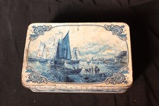Vintage Tin Box Hellema Blue White, Biscuit Box Holland Sailing Boats Plated