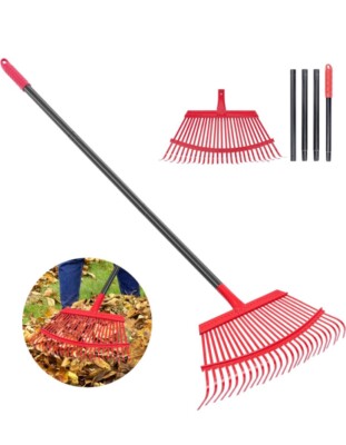 Garden Leaf Rake with 60 Inch Adjustable Long Steel Handle, 11 Metal Tines