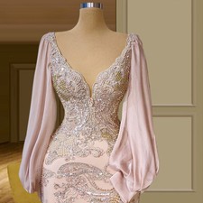 Luxury Pink Beaded Mermaid Evening Dresses V Neck Lace Applique Prom Party Dress