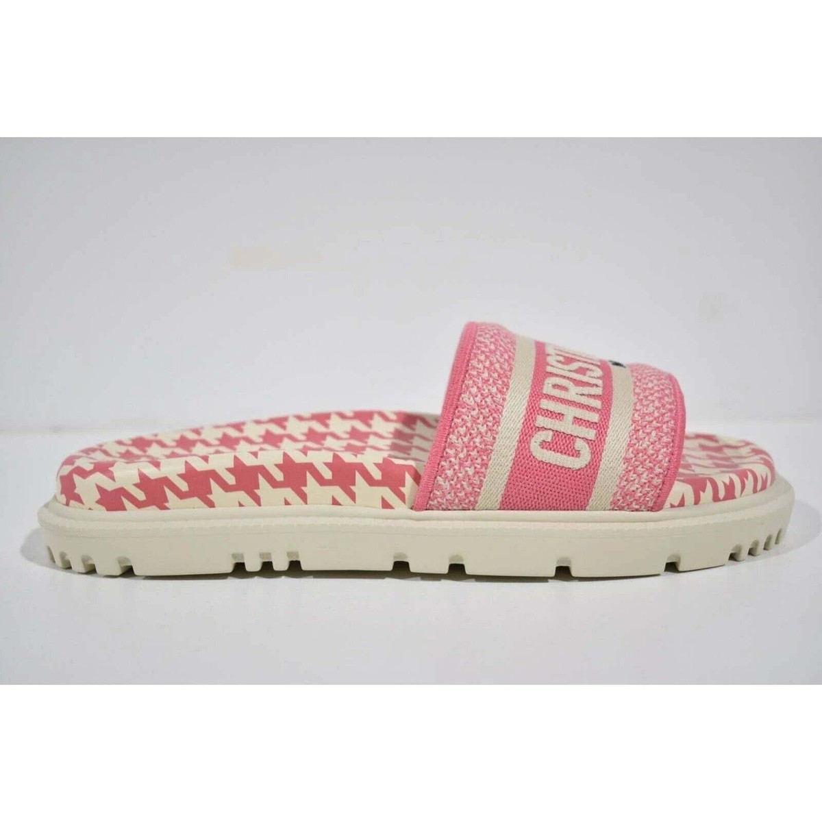 Christian Dior Dway Pink White Logo Houndstooth Slide Mule Flat