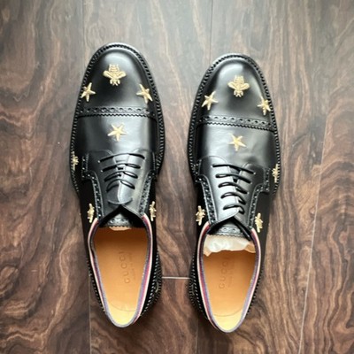 Gucci Bee Star Embroidered Black Leather Derby Men's Dress Shoes | eBay