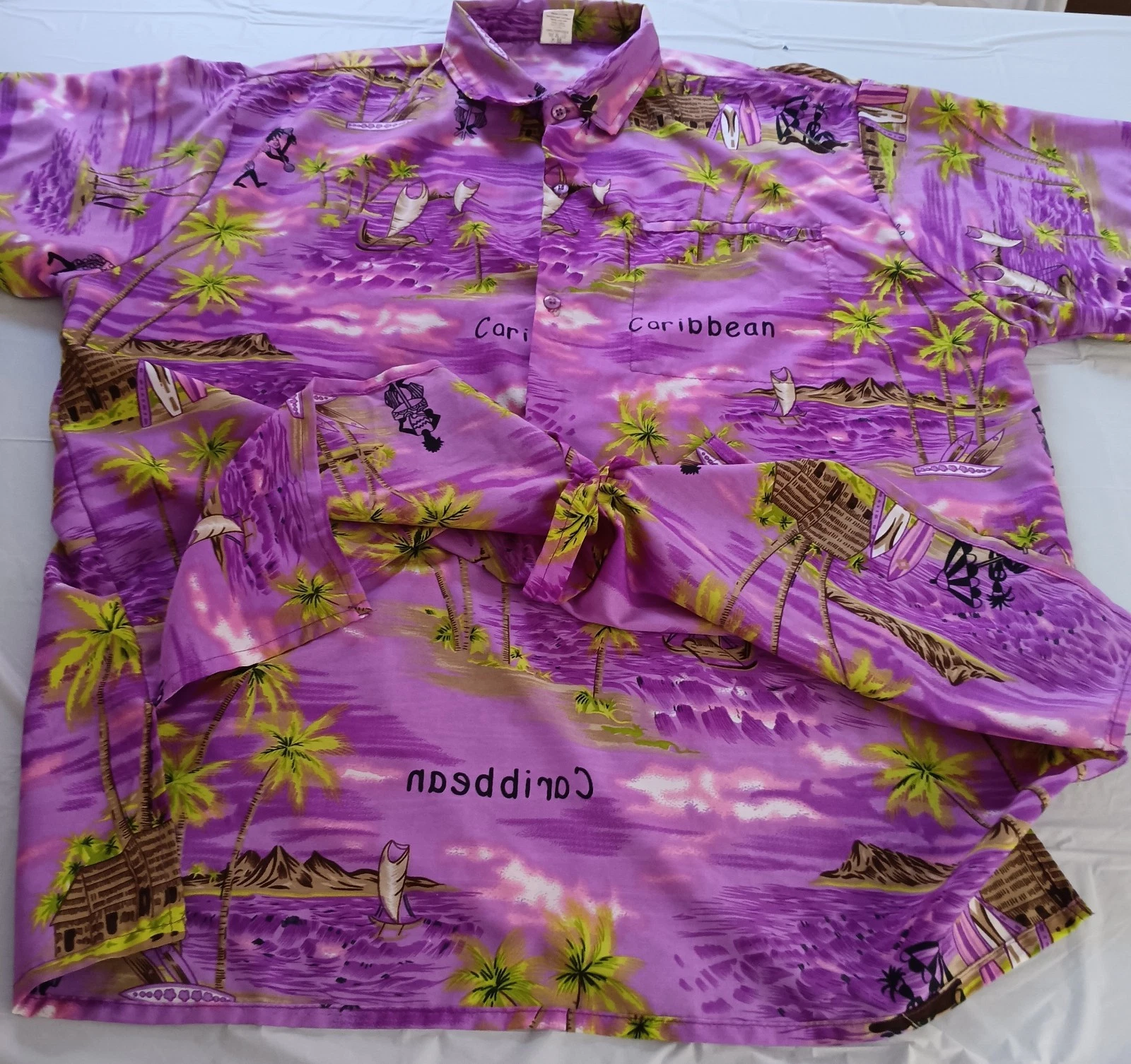 Creations Hawaiian Shirt XL Purple Caribbean Palm Tree Beach Camp Aloha