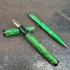 VTG Wahl Eversharp Equipoise Jade Green Fountain Pen & Pencil w/ Damaged 14k NIB
