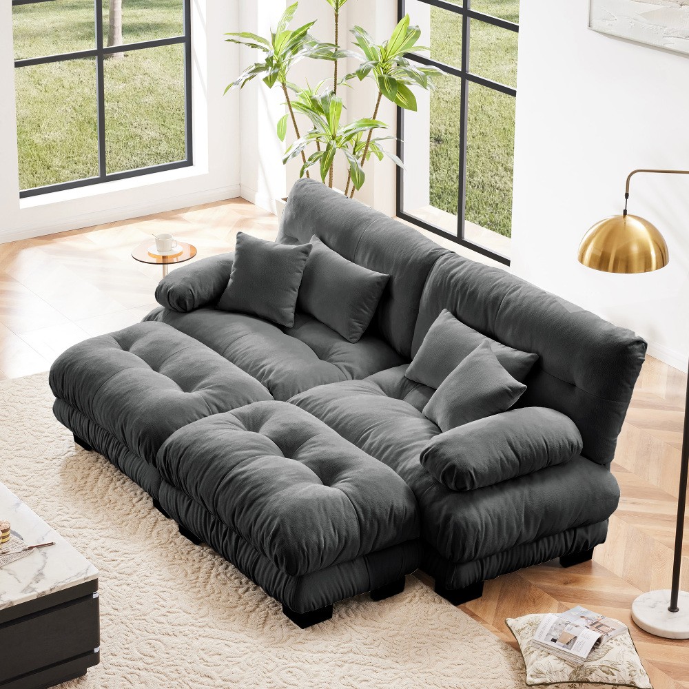 Cloud Couch Sleeper Sofa w/ 2 Ottomans, Chenille & Pillows, Gray