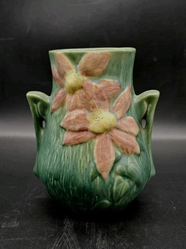 1945 ROSEVILLE Green CLEMATIS Embossed Floral Art Pottery 2 Handle Vase 103-6"