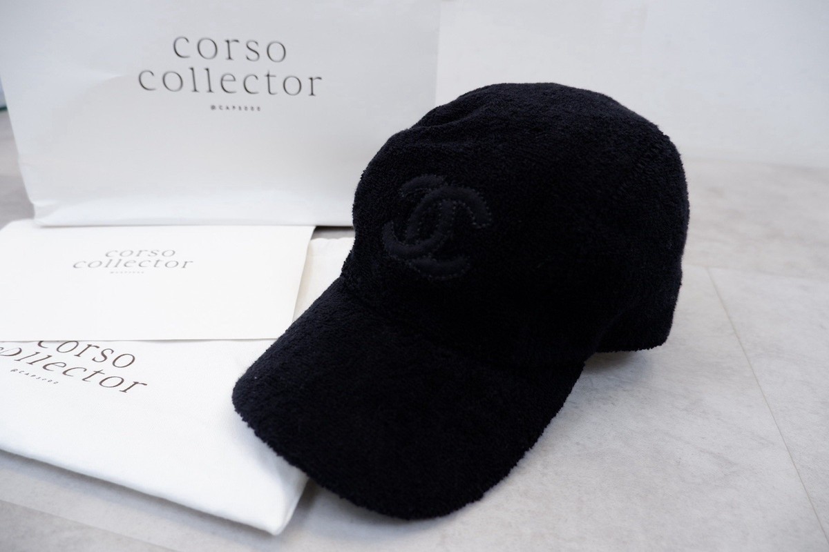 CHANEL 黒 タオル生地 キャップ M CHANEL Vintage Terry Cloth Pile Cap Hat Size L CC Logo Coco