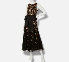 Adrianna Papell Women's Black Gold Beaded Mesh Sleeveless Godet Gown Dress 14