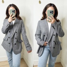J. Crew Glen Plaid Classic Grey Blue Ruffle Pocket Double Breasted Blazer Size 8