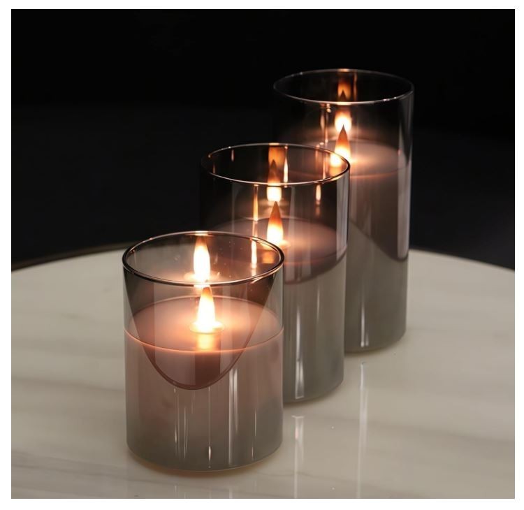 200HourFlamelessCandleswithRemote,RechargeableFlickeringGlassGray3PCS