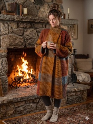 Vintage Rodier France Kid Mohair Wool Long Cardigan Sweater 90s Plaid Multi OS