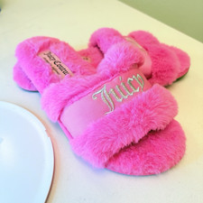 Juicy Couture Pink Faux Fur Logo Slide Slippers Women  s US 6 Open Toe