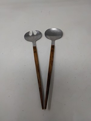 Vintage ausländischer Edelstahl & Teak Griff Servieren Salat Löffel & Gabel Set