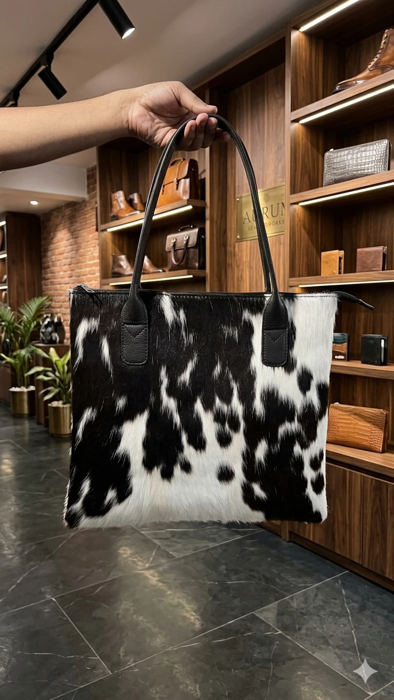 Black White Cowhide Leather Tote Bag Women’s Real Fur Handbag Shoulder Purse