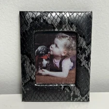 Vintage Mini Frame Faux Snake Skin Magnetic Picture 2.5"x3" Metallic Black