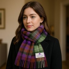 House of Scotland 100 Lambswool Plaid Scarf Purple Green Brown Fringe Vintage
