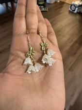 White flower earrings Green Gold Dangle Wedding Orchid Petal earings, long