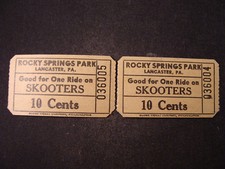 Lot of 2 grey Skooters ride tickets, Rocky Springs Park, Lancaster PA