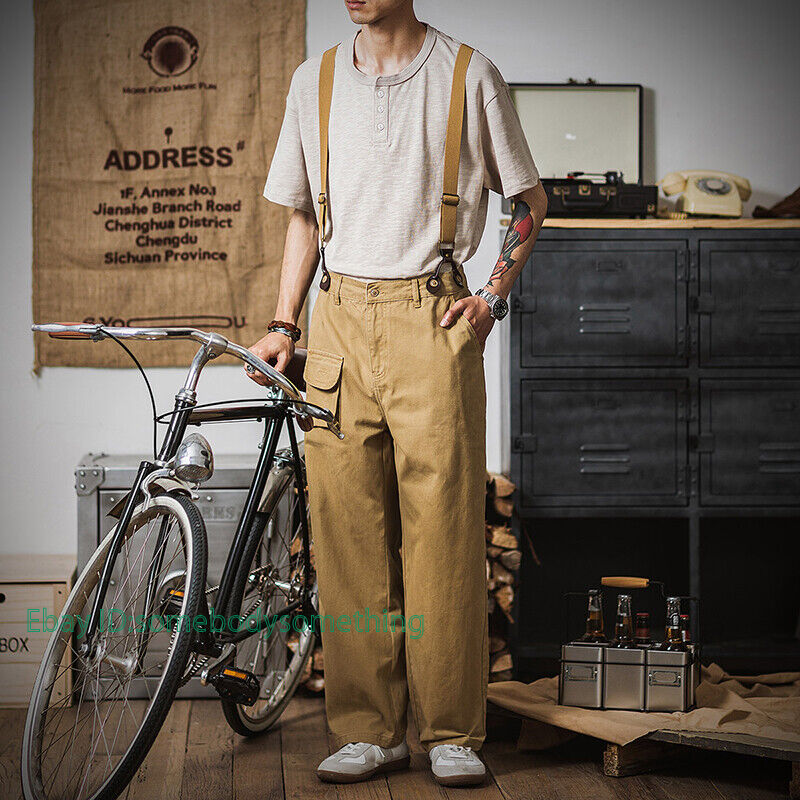 Mens Cotton Workwear Casual Loose Suspender Pants straight