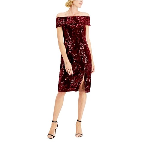 Adrianna Papell Off-Should Evening Formal Dress Burgundy Sequin Velvet Size 12P