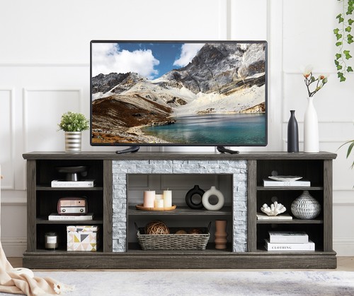 Large TV Stand TV Desk Storage Rack Faux Stacked Stone Surround,Media Console Ta