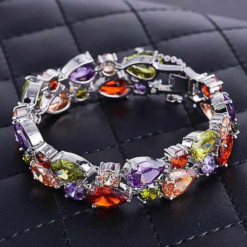 Silver Chain Mona Lisa Multi Color Morganite Topaz Gemstone Charm Women Bracelet - Picture 2 of 6