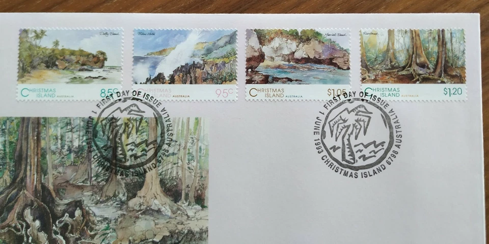 1993 Christmas Island Scenic Views Rain-Forest Tree-Roots Seaside 4v Stamps FDC - Image 2 of 3