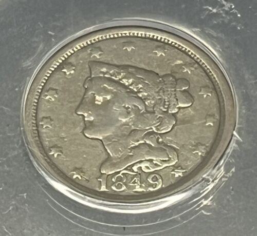 1849 LARGE DATE BRAIDED HAIR HALF CENT ANACS VF25 BROWN ACTUAL COIN #H365