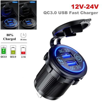 QC3.0 2 USB Car Motorcycle Fast Charger Socket Power Outlet Adapter Waterproof