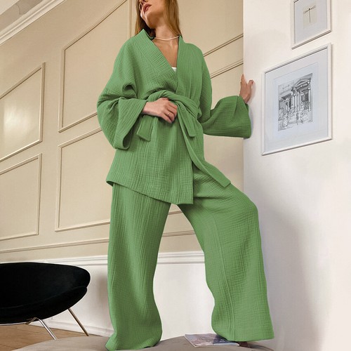 2024 hot Summer loose robe set double gauze pure color women pajamas sweat suit - Picture 16 of 36