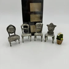 Vtg Set of 4 Universal Pewter UP Ornate Mini Chairs & 1 Cactus Flowerpot 1996