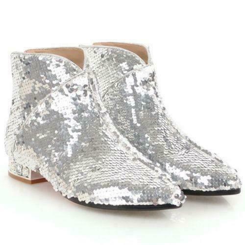 Damen Glitzer Leder Spitz zulaufend Blockabsatz Pailletten Bootie Stiefeletten - Bild 8 von 12