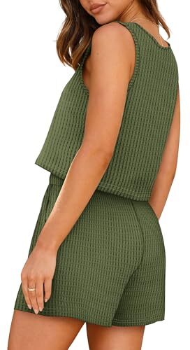 Waffelstrick 2-teiliges Outfits für Damen Sommer Kurzes Set mit großem Armygreen - Bild 5 von 6
