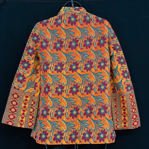 Vintage 1970s floral tapestry jacket, orange red teal stripes deadstock NOS M - Picture 5 of 9