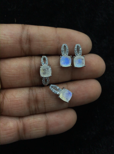 Natural Rainbow Moonstone Jewelry Set July Birthstone 925 Sterling Silver - Video 1 of 1