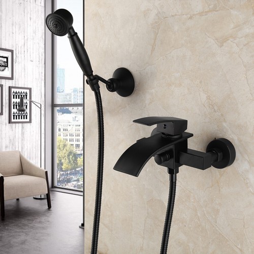 Mural lavabo évier cascade Noir mitigeur en laiton robinet baignoire - Picture 1 of 10