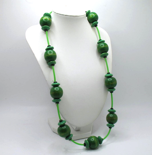 Vintage 23" green wood bead and plastic tube necklace Sterling vermeil clasp - Picture 3 of 6