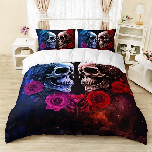 Sugar Skull Duvet Cover Set King Size, Skeleton with Oil Rose Bedding Set for - Picture 6 of 6