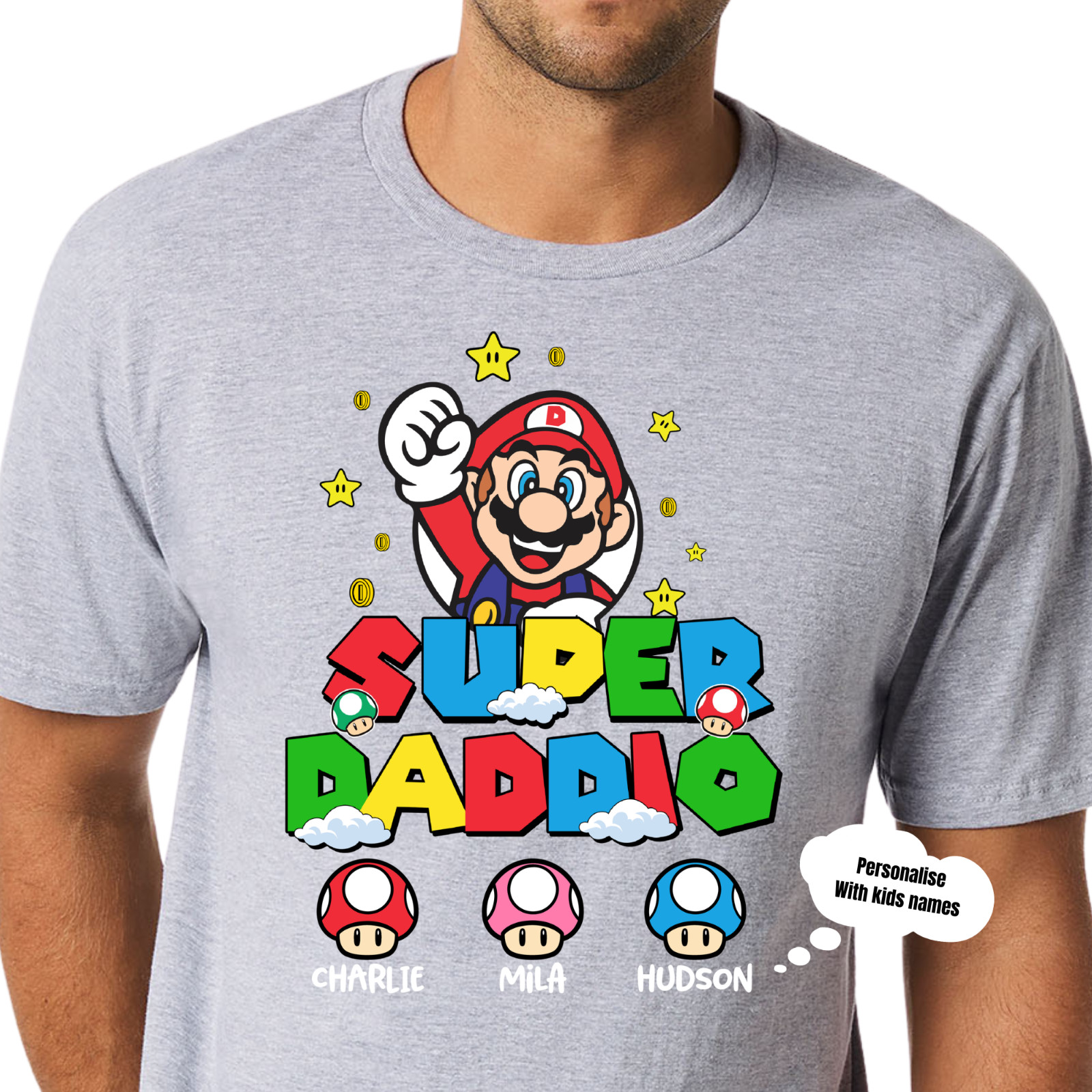 Personalised Super Daddio T-Shirt Custom Kids Names Retro Gamer Dad Father's Day 3
