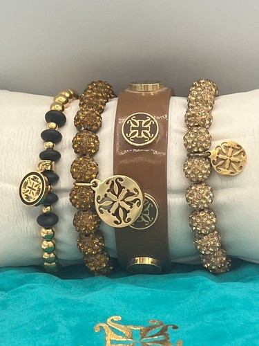 Rustic Cuff 4 Pc Bracelet Stack Taupe Leather Gold RC Crystal Stretch Set Pouch