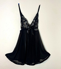 Women  s Black Lace Mesh Full Slip, Size M, Adjustable Straps, Bow Accent