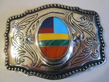 Vintage Mosaic Cabochon Belt Buckle Silver Tone Genuine Stones Made In USA